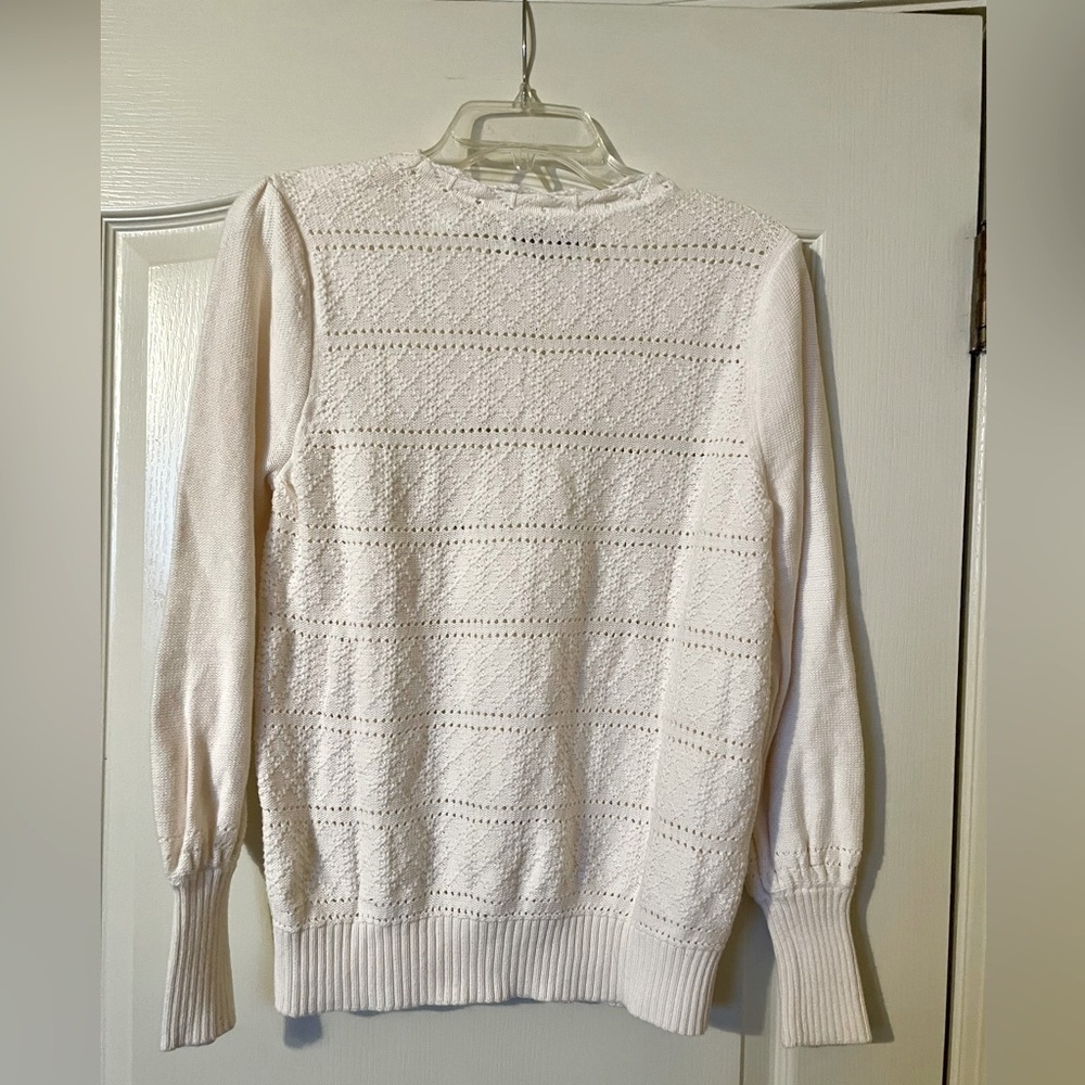 LOFT Dot Stripe Pointelle Ivory Cotton Sweater Size L Scalloped Detail Crewneck - Picture 3 of 9